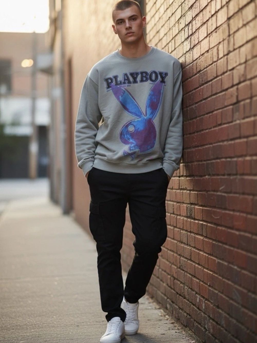 Vintage Playboy Men's Gray Bunny Graphic Fleece Pullover Sweatshirt Size Small